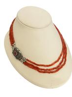 Bloedkoraal collier, 3 rijen, zilveren sierslot. L 43,5 cm, Verzenden, Zilver, Ketting, Met edelsteen