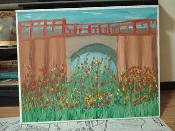 Schilderij: Brug over bloemenveld beschikbaar voor biedingen