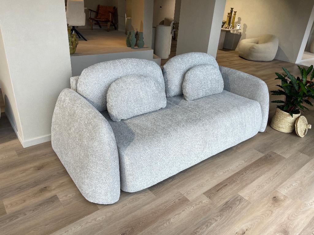 Slaapbank Bouclé met opbergruimte NIEUW, Ophalen, 250 tot 300 cm, 100 tot 125 cm, Japandi, Scandinavisch