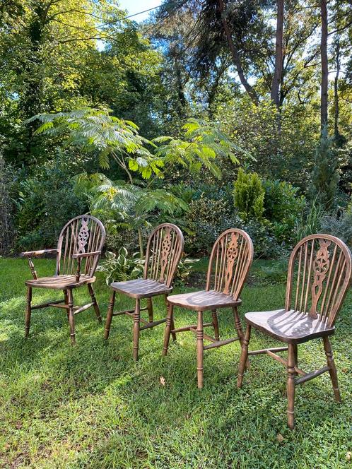 Antieke Windsor Stoelen - Eikenhout 4 stuks, Huis en Inrichting, Stoelen, Gebruikt, Vier, Hout, Bruin, Ophalen