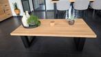 Salontafel 135x75cm, massief rustiek eiken blad,stalen poten, Ophalen, 100 tot 150 cm, 50 tot 100 cm, Zo goed als nieuw