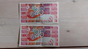 2 biljetten 25 Nederlandse gulden 