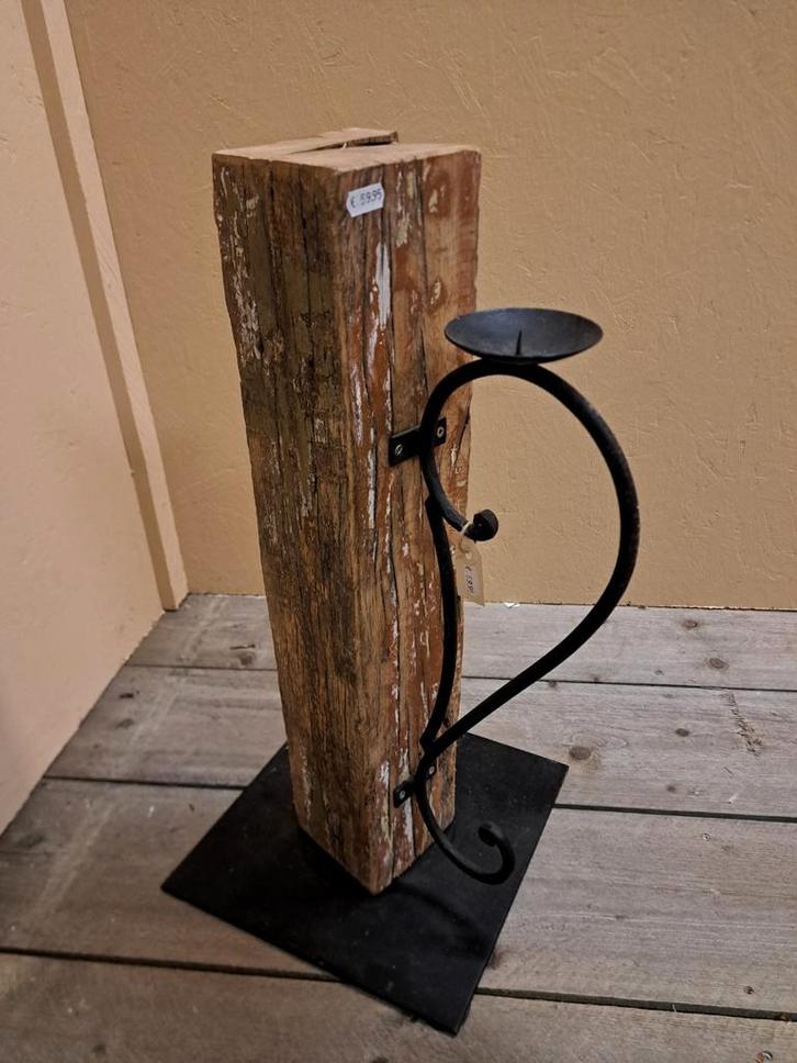 NIEUW Kandelaar Kaars Oud Hout Paal 12x12 Metalen Voetplaat, Huis en Inrichting, Woonaccessoires | Kandelaars en Kaarsen, Nieuw