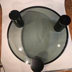 Glazen salontafel met cilindervormige poten, Huis en Inrichting, Tafels | Salontafels, Ophalen, Gebruikt, 50 tot 100 cm, 50 tot 100 cm