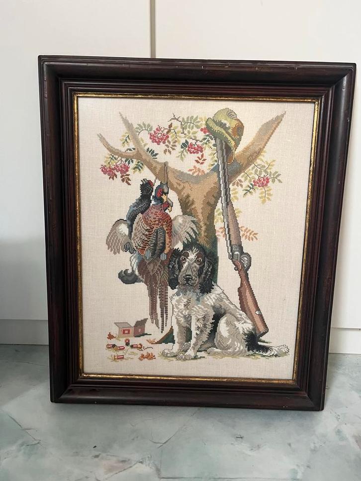 Geborduurd Jachttafereel in Lijst, Antiek en Kunst, Kunst | Etsen en Gravures, Ophalen