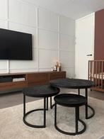 Set van 3 zwarte mango houten bijzettafels, Huis en Inrichting, Tafels | Bijzettafels, Ophalen, Rond, Minder dan 55 cm, 45 tot 60 cm