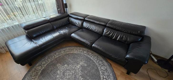 Goossens Noud Excellent Zwarte Lederen Leer Leren  Hoekbank, Huis en Inrichting, Banken | Bankstellen, Zo goed als nieuw, Hoekbank