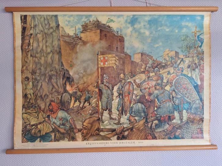 Schoolplaat Kruisvaarders voor Jeruzalem, Antiek en Kunst, Antiek | Schoolplaten, Geschiedenis, Ophalen