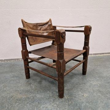 vintage safari stoel jaren 70  fauteuil  leren stoel  beschikbaar voor biedingen