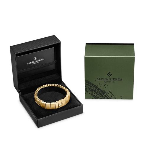 Armband - Stainless Steel, Alpha Sierra Goudkleurig new in, Sieraden, Tassen en Uiterlijk, Armbanden, Nieuw, Staal, Goud, Verzenden