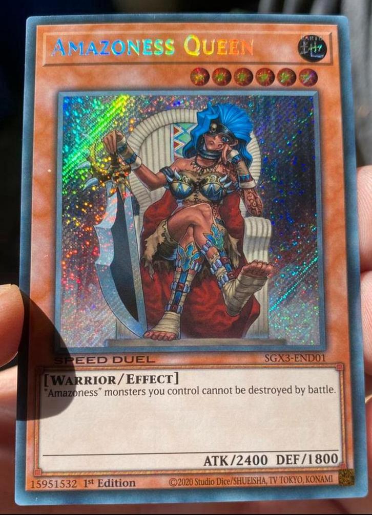 Yu-Gi-Oh! Amazoness Queen SGX3 1st Ed Duel Promo !, Hobby en Vrije tijd, Verzamelkaartspellen | Yu-gi-Oh!, Zo goed als nieuw, Losse kaart