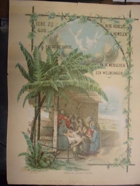 Kerstprent Litho Zalsman Kampen "Zondagsschoolprent ca. 1880, Antiek en Kunst, Kunst | Etsen en Gravures, Ophalen of Verzenden