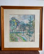 Schilderij tuin met zonnebloemen en fruitbomen G. Bartels, Ophalen of Verzenden