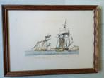 Zeilschepen aan de kust - Ingelijste ets, Antiek en Kunst, Kunst | Etsen en Gravures, Ophalen of Verzenden