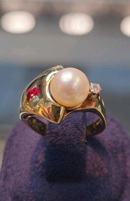 Prachtige parel met Diamant gouden ring 14k 585, Sieraden, Tassen en Uiterlijk, Ringen, Zo goed als nieuw, Dame, 17 tot 18, Goud