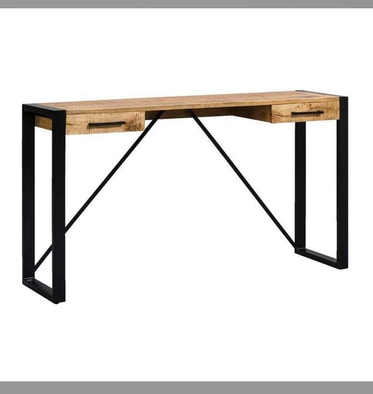 Mangohout industrieel Bureau met stoel set Kyan Leen Bakker., Huis en Inrichting, Bureaus, Zo goed als nieuw, Ophalen