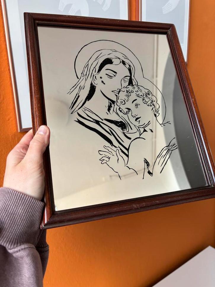 Vintage Spiegel met Madonna en Kind, Antiek en Kunst, Antiek | Spiegels, Minder dan 50 cm, Minder dan 100 cm, Rechthoekig, Ophalen of Verzenden