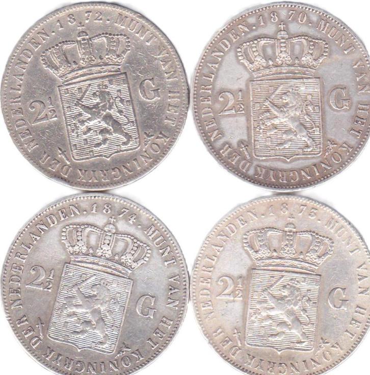 RIJKSDAALDERS KONING WILLEM III - VIER STUKS, Postzegels en Munten, Munten | Nederland, 2½ gulden, Koning Willem III, Verzenden