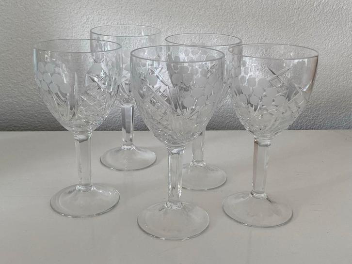 5 Geslepen Kristallen Wijnglazen, Antiek en Kunst, Antiek | Glas en Kristal, Ophalen of Verzenden