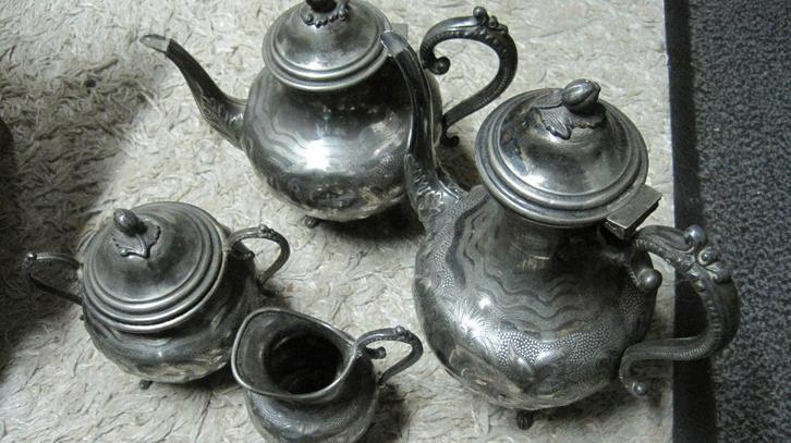 Vierdelig tinnen koffie- en thee servies antiek, Antiek en Kunst, Antiek | Tin, Ophalen of Verzenden
