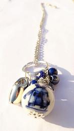 Lange Delfts blauwe ketting met klompje en molen handgemaakt, Nieuw, Blauw, Ophalen of Verzenden, Zilver