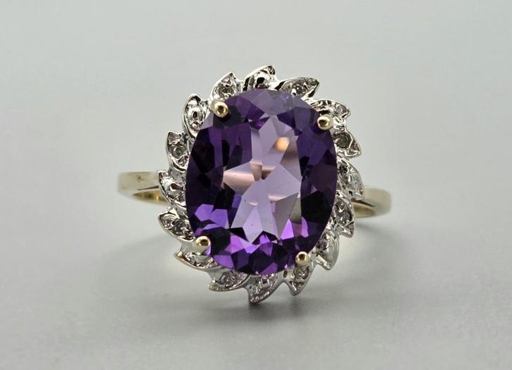 Gouden Vintage ring edelsteen amethist en diamant.2025/680, Sieraden, Tassen en Uiterlijk, Ringen, Zo goed als nieuw, Dame, 17 tot 18