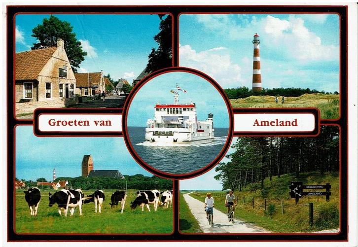 Ansichtkaart Ameland, veerboot, vuurtoren, eilandhuis, kerk, Verzamelen, Ansichtkaarten | Nederland, Gelopen, Waddeneilanden, 1980 tot heden