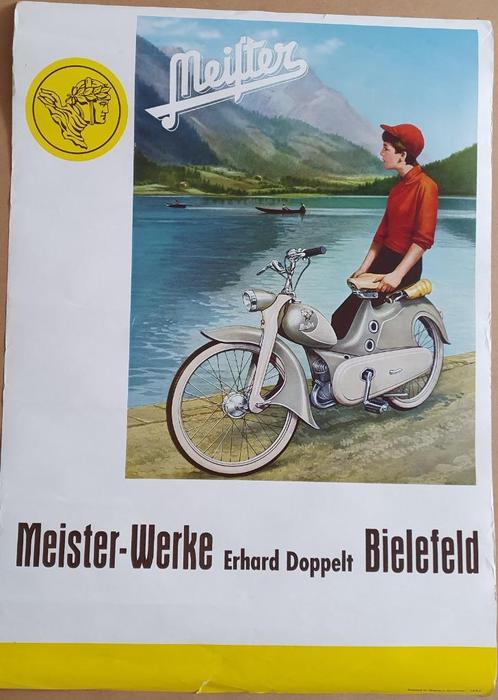 Meister Werke poster, bromfietsen 50er jaren, Verzamelen, Posters, Zo goed als nieuw, Reclame, Deurposter of groter, Rechthoekig Staand