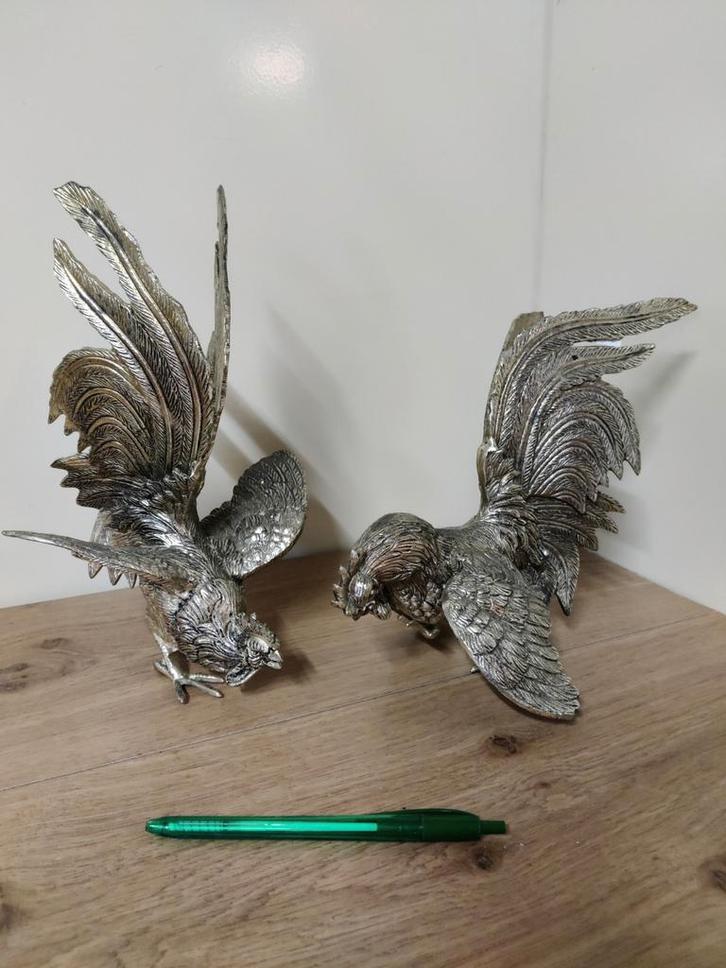 Zilveren Haan Beelden 'kemphanen' - set van 2, Antiek en Kunst, Antiek | Woonaccessoires, Ophalen of Verzenden
