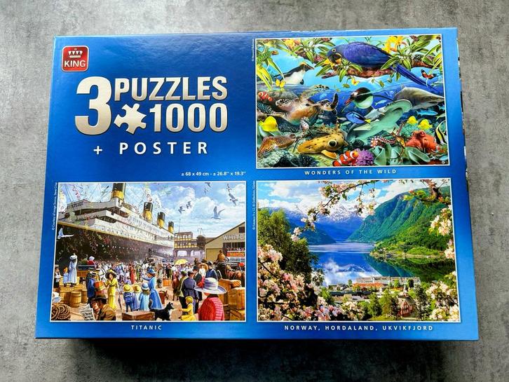 King Puzzles 3x1000 stukjes + Poster, Hobby en Vrije tijd, Denksport en Puzzels, Zo goed als nieuw, Legpuzzel, 500 t/m 1500 stukjes