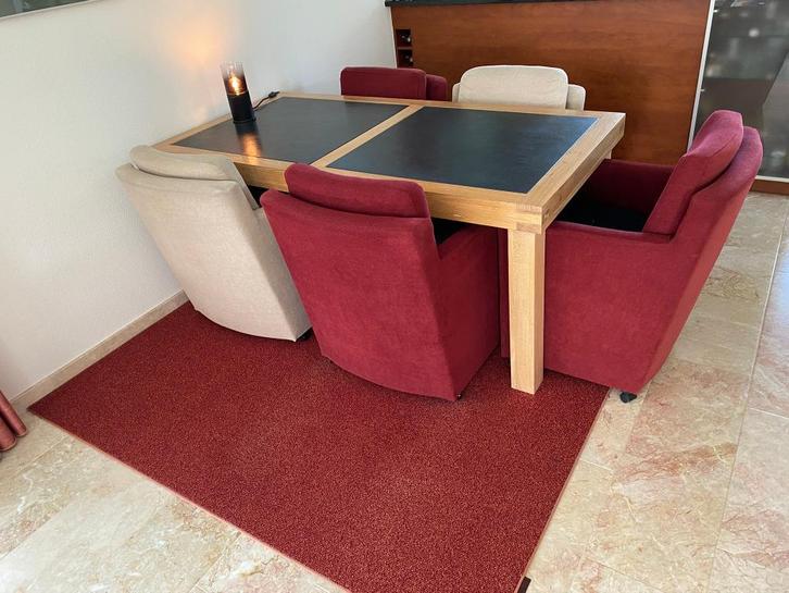 Massief eiken eettafel met leisteen inleg + 5 fauteuils, Huis en Inrichting, Tafels | Eettafels, Gebruikt, 50 tot 100 cm, 150 tot 200 cm