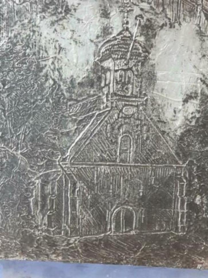 Oude afbeelding op metaal van de oude kerk van Koedijk., Antiek en Kunst, Kunst | Etsen en Gravures, Ophalen