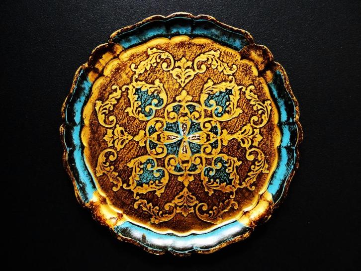 Italiaans dienblad serveerblad blauw ecru en goud, Antiek en Kunst, Curiosa en Brocante, Ophalen of Verzenden