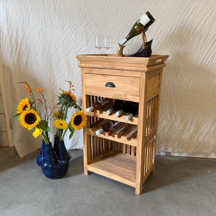 Wijnkast met dienblad - 1 lade - massief teak - TTM Wonen, Huis en Inrichting, Woonaccessoires | Wijnrekken, Nieuw, 75 cm of meer