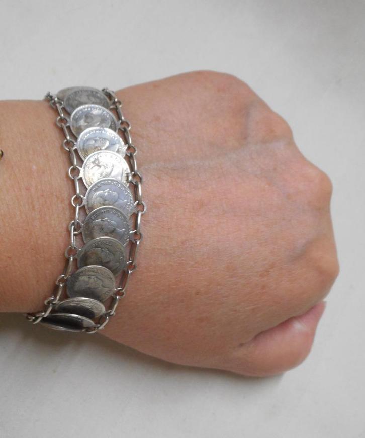 Zilveren antieke munten armband koning willem III nr.1462, Sieraden, Tassen en Uiterlijk, Antieke sieraden, Armband, Zilver, Verzenden
