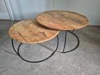 Twee salontafeltjes rond Mango hout salontafel, Ophalen, Gebruikt, 50 tot 100 cm, Rond