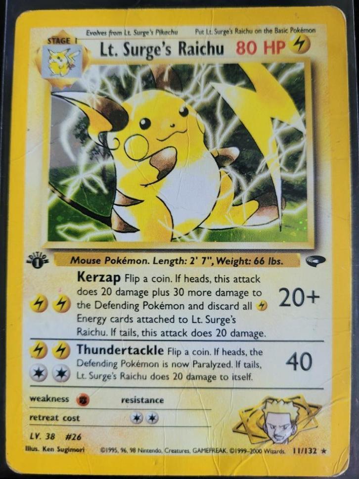 Lt. Surge's Raichu (GC 11) Gym Challenge - Singles - 1st ed, Hobby en Vrije tijd, Verzamelkaartspellen | Pokémon, Gebruikt, Losse kaart