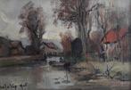 LANDSCHAP HUISJES AAN WATER>OUD 1928>JAN JAAP VAN DER STAP, Ophalen of Verzenden