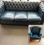 Chesterfield bank antiek blauw, Huis en Inrichting, Ophalen, Driepersoons, Zo goed als nieuw, Rechte bank