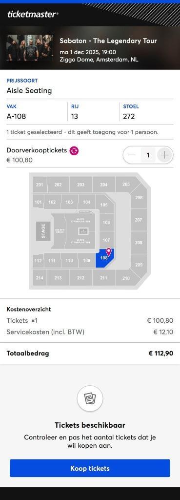 Kaartje concert SABATON, Tickets en Kaartjes, Concerten | Pop, Eén persoon, December