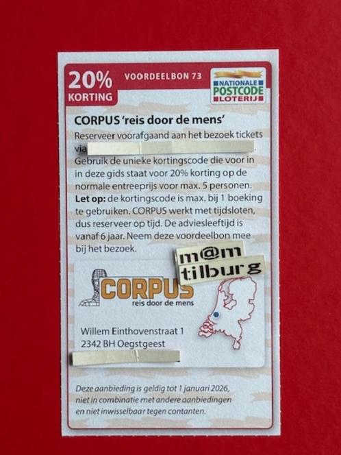 Voordeelbon 73 CORPUS "Reis door de mens" 20% korting, Tickets en Kaartjes, Kortingen en Cadeaubonnen, Drie personen of meer, Overige typen