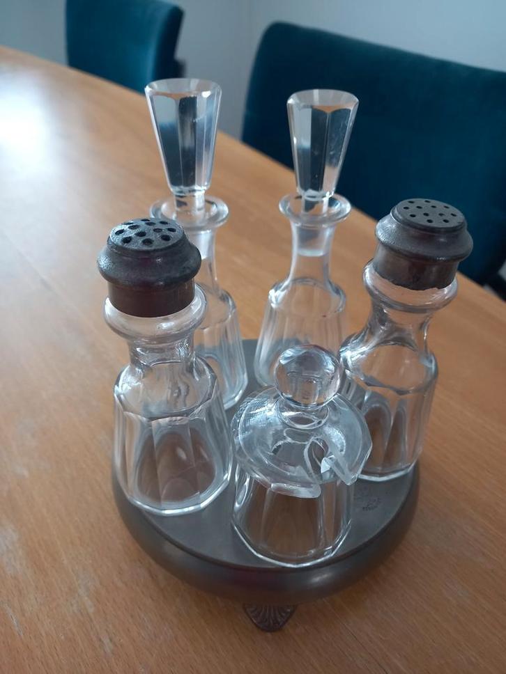 Menage, Olie, azijn, zout, peper, mosterd stel, Antiek en Kunst, Antiek | Keukenbenodigdheden, Ophalen of Verzenden