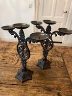 Set stoere, decoratieve gietijzeren kandelaars 3-armig, Antiek en Kunst, Antiek | Kandelaars, Ophalen of Verzenden, Overige materialen