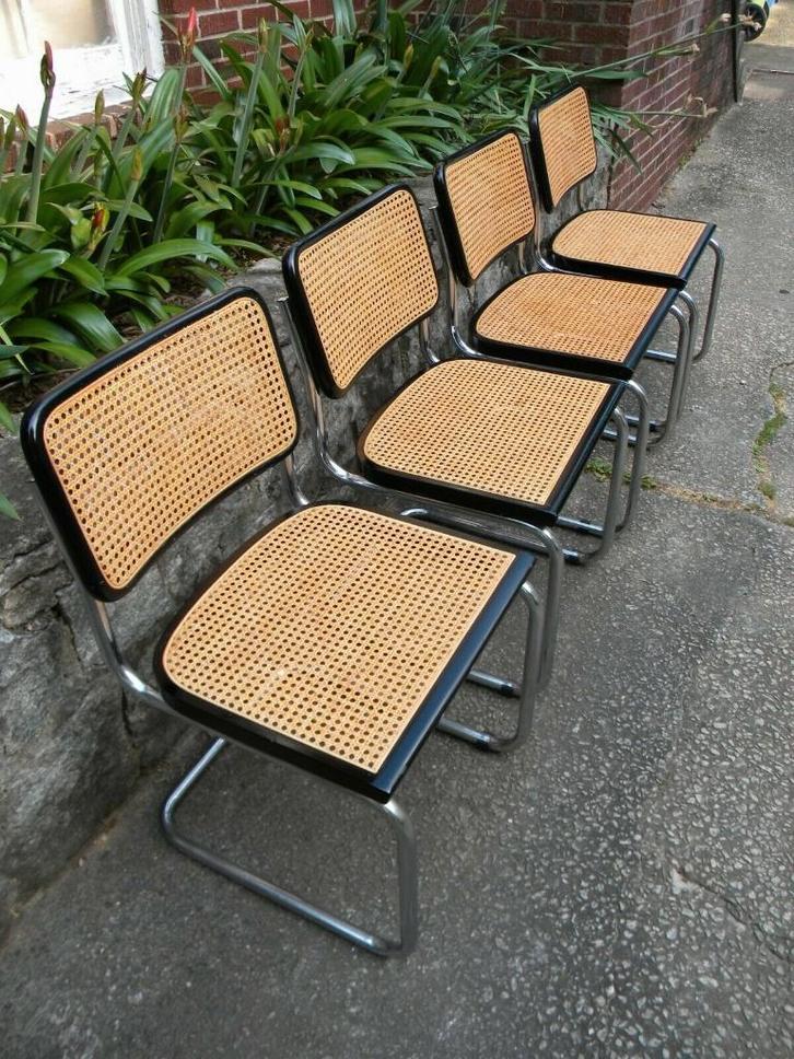 4x buisstoel Made in Italy Breuer Cesca rotan webbing zwart, Huis en Inrichting, Stoelen, Zo goed als nieuw, Vier, Hout, Metaal