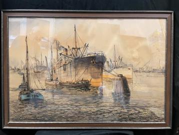 Havenzicht Rotterdam - Pastel, ingelijst, achter glas beschikbaar voor biedingen