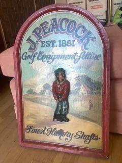 J.Peacock vintage golf reclamebord wandbord sportbord hout, Antiek en Kunst, Curiosa en Brocante, Ophalen
