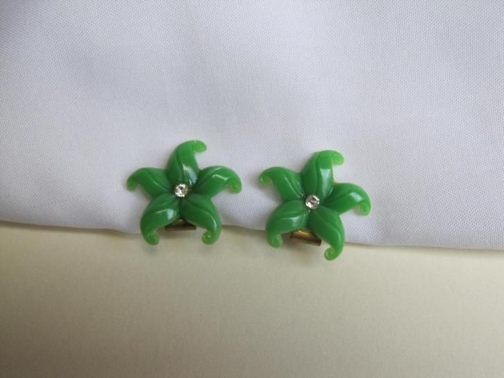 Oorbellen  groen kunststof bloemetjes met rijnsteentje, Sieraden, Tassen en Uiterlijk, Oorbellen, Zo goed als nieuw, Overige materialen