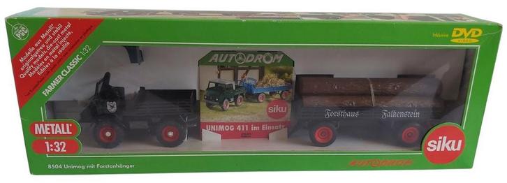 Siku 8504 classic unimog 411 met bosaanhanger inclusief DVD, Hobby en Vrije tijd, Modelauto's | 1:32, Nieuw, Tractor of Landbouw