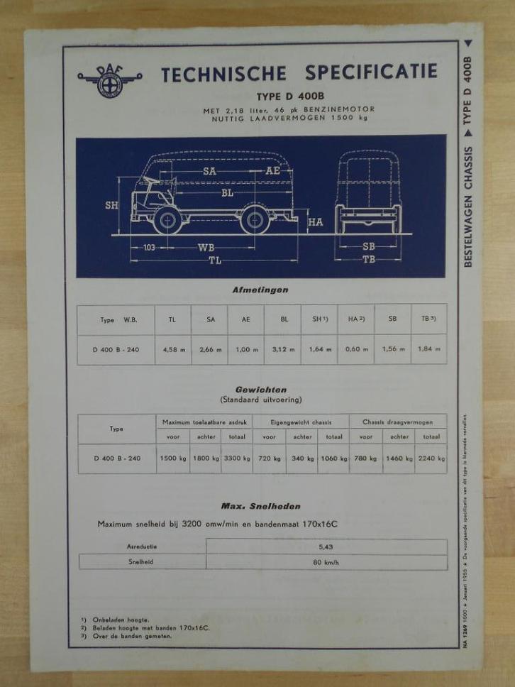 DAF D400 B Technische Specificatie folder 1955 Bestelwagen, Boeken, Auto's | Folders en Tijdschriften, Zo goed als nieuw, Overige merken