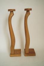 2 vintage kandelaars 42cm hoog eiken beuk hout handgemaakt, 25 tot 50 cm, Verzenden, Zo goed als nieuw, Kandelaar
